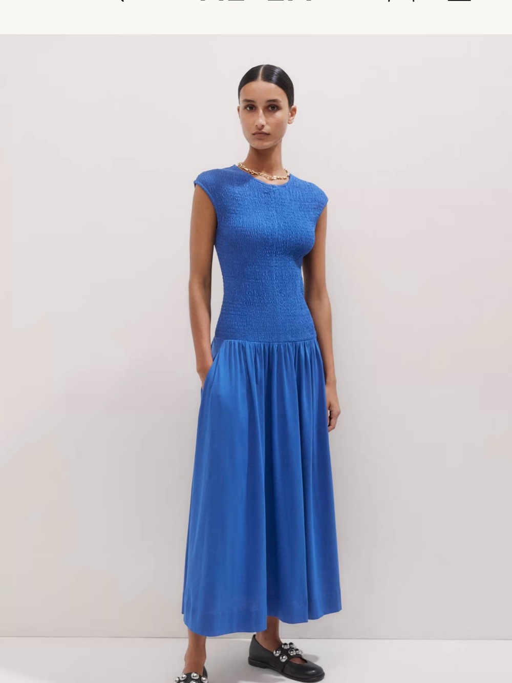 ME+EM Blue Cap-Sleeve Smocked Bodice Maxi Dress